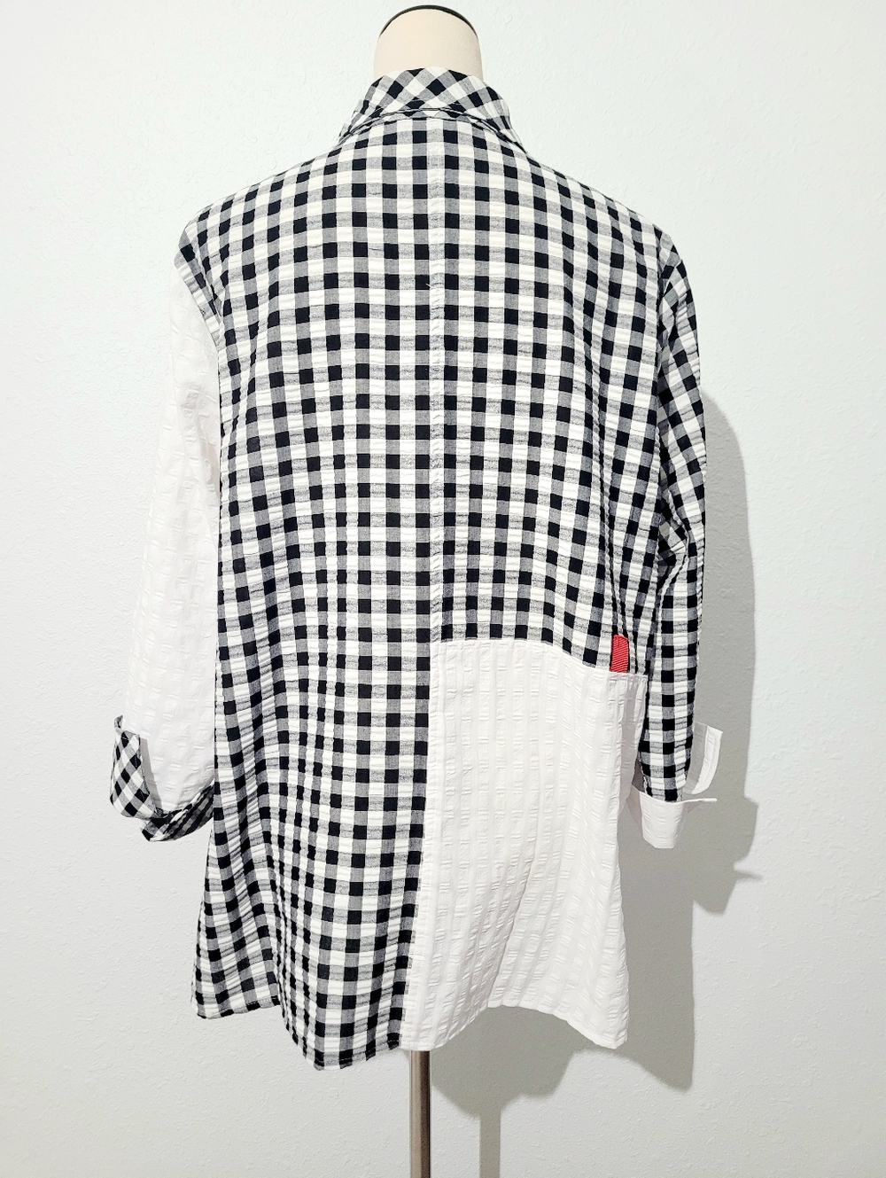 Ali Miles Large Black White Gingham Patchwork Tunic Shirt Artsy Button Top Fun - Picture 5 of 15